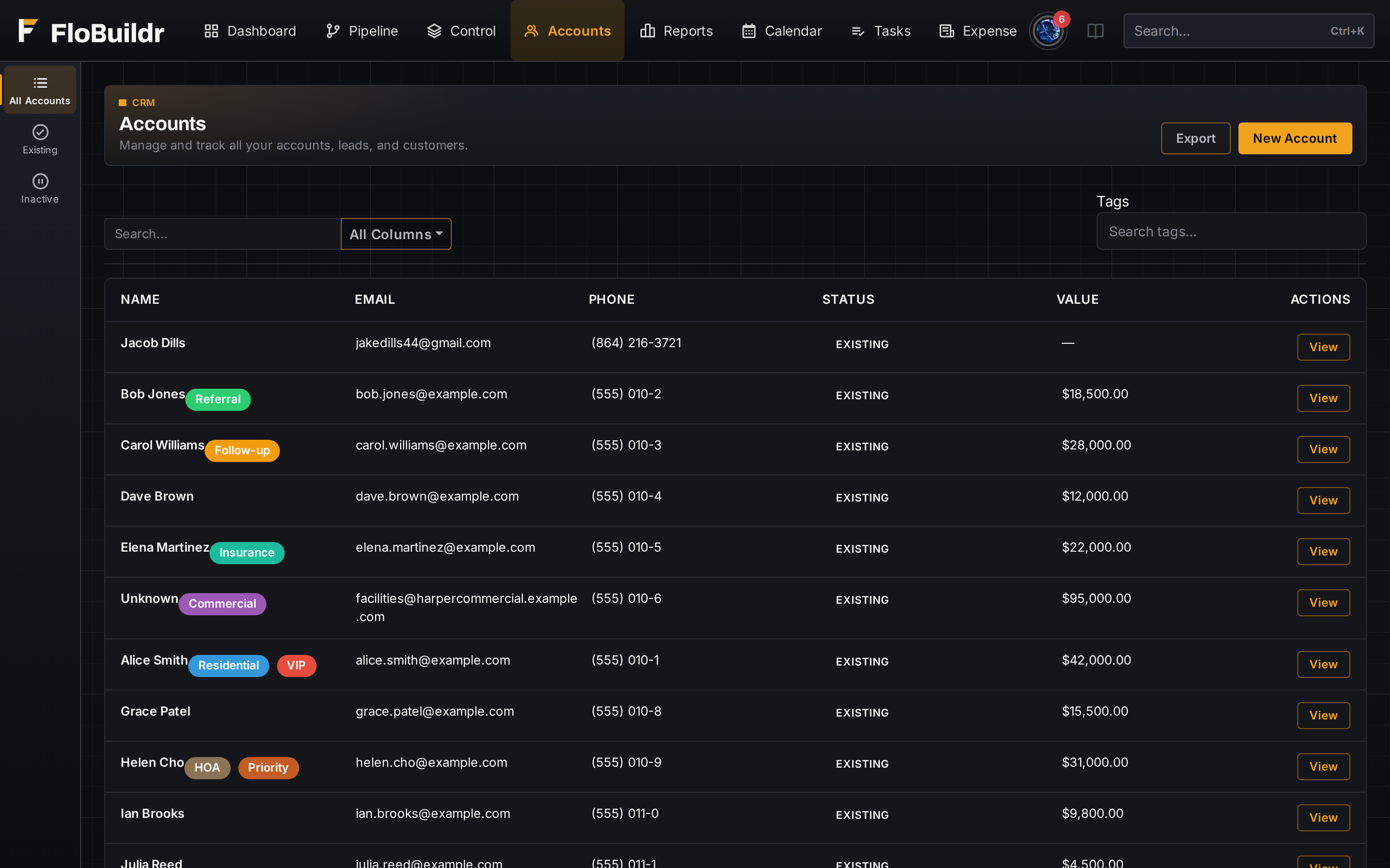 Customer account with contacts, properties, and job history