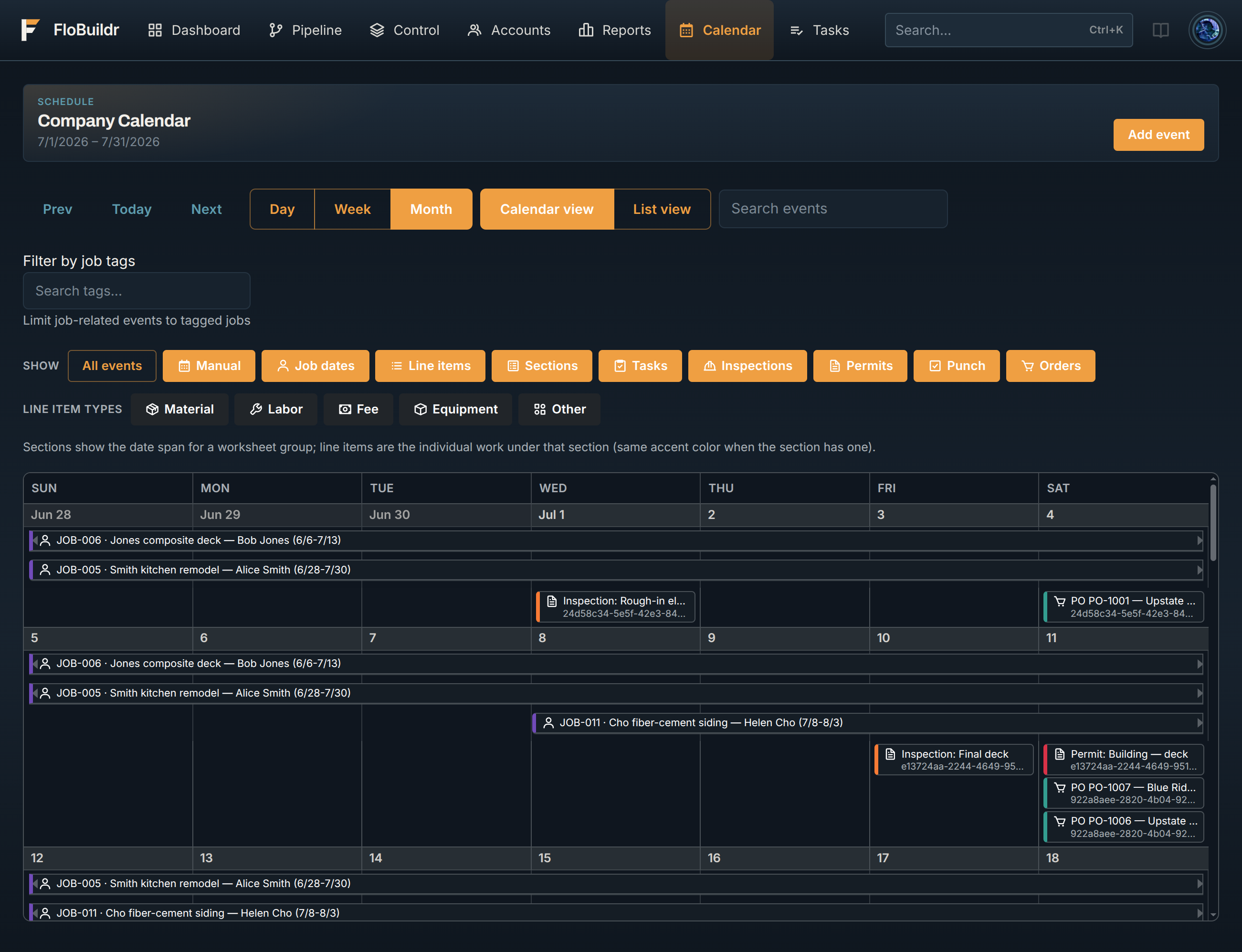 Company calendar showing jobs, line items, and purchase orders across the month