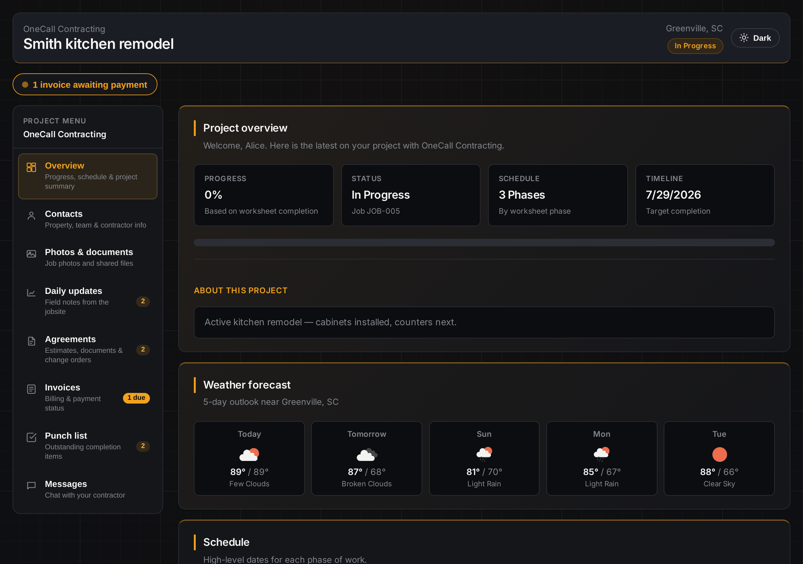 Customer portal home showing job progress and schedule