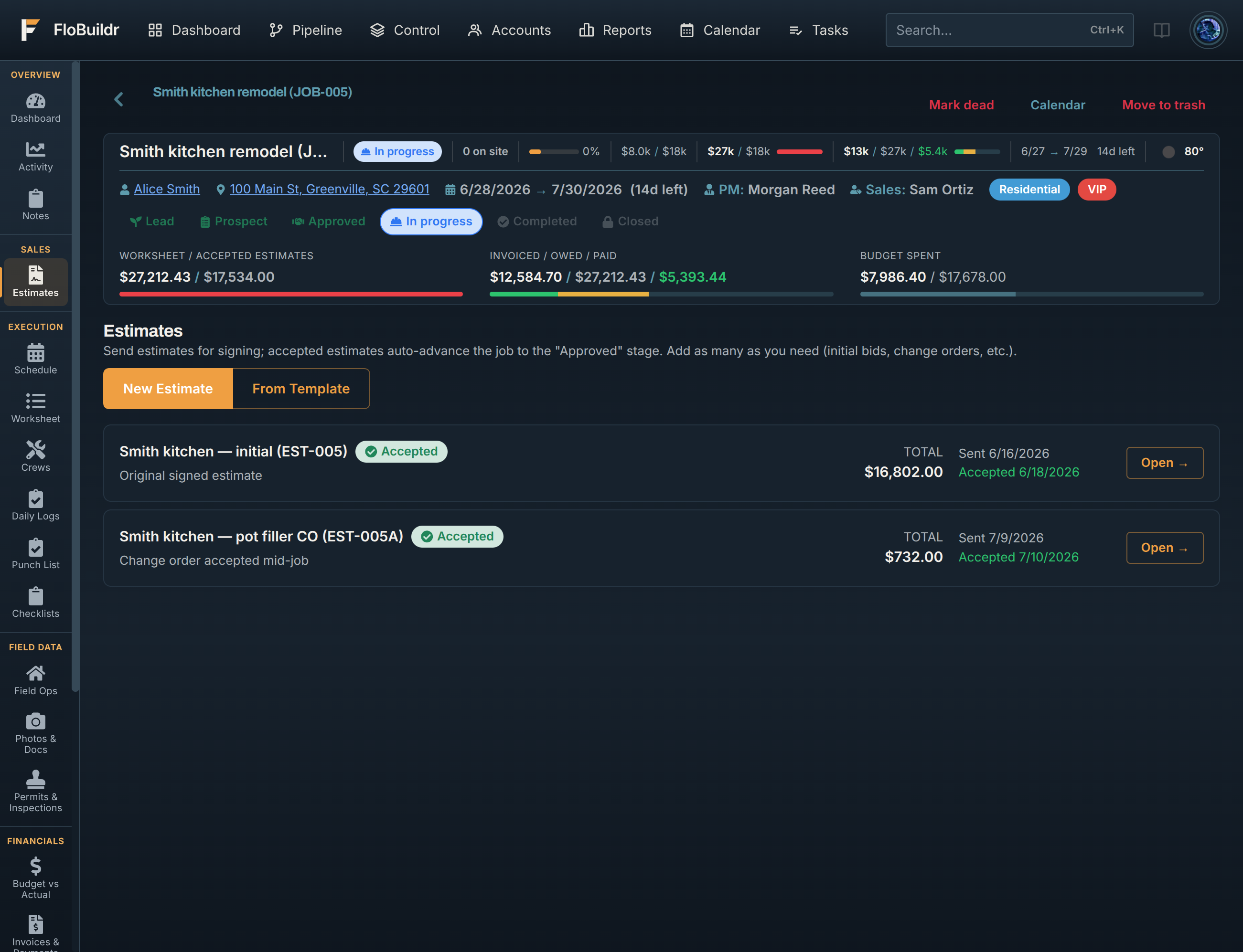 Job estimates list with accepted and draft bids that auto-advance the job stage