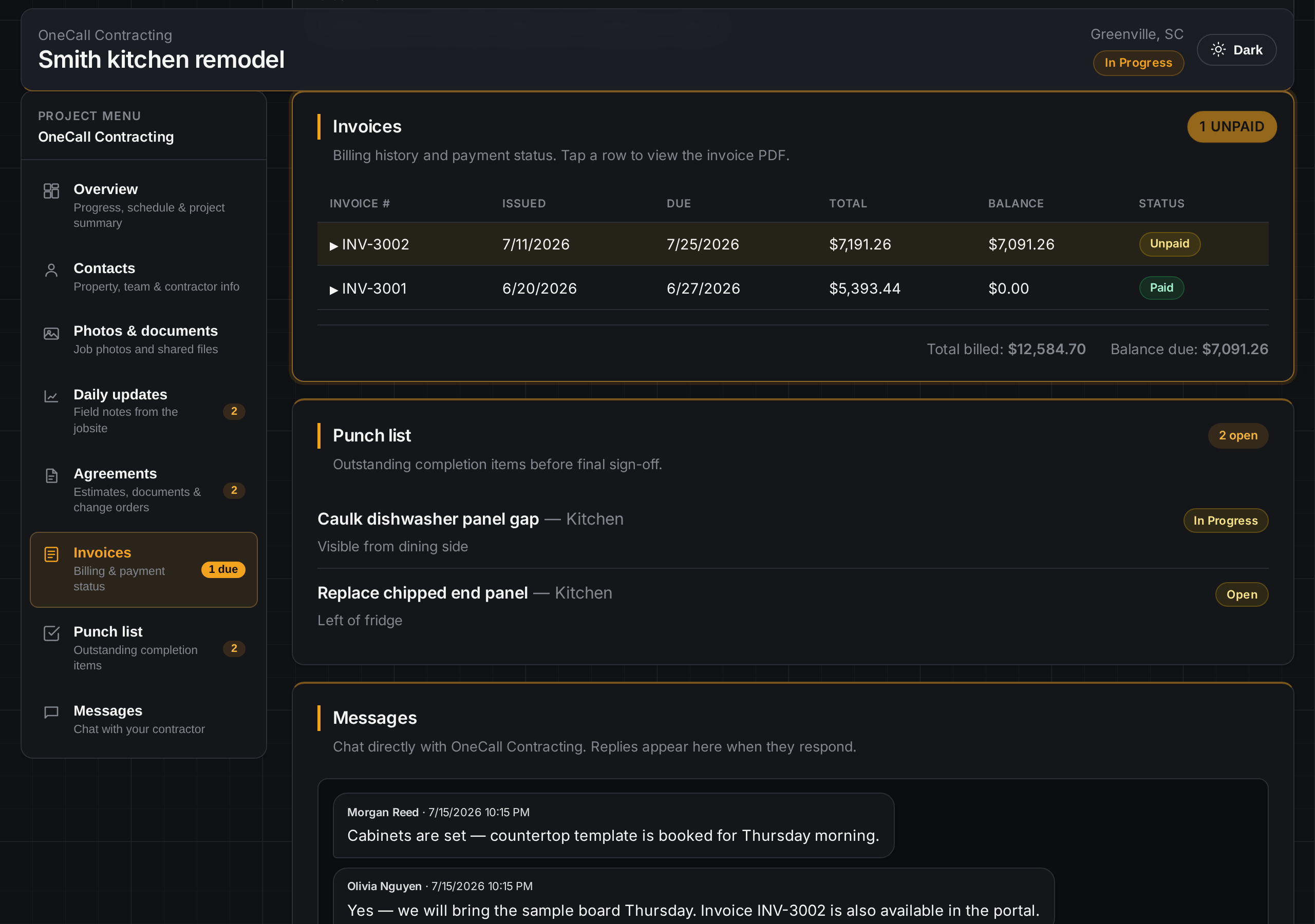 Portal billing view with outstanding balance and online payment