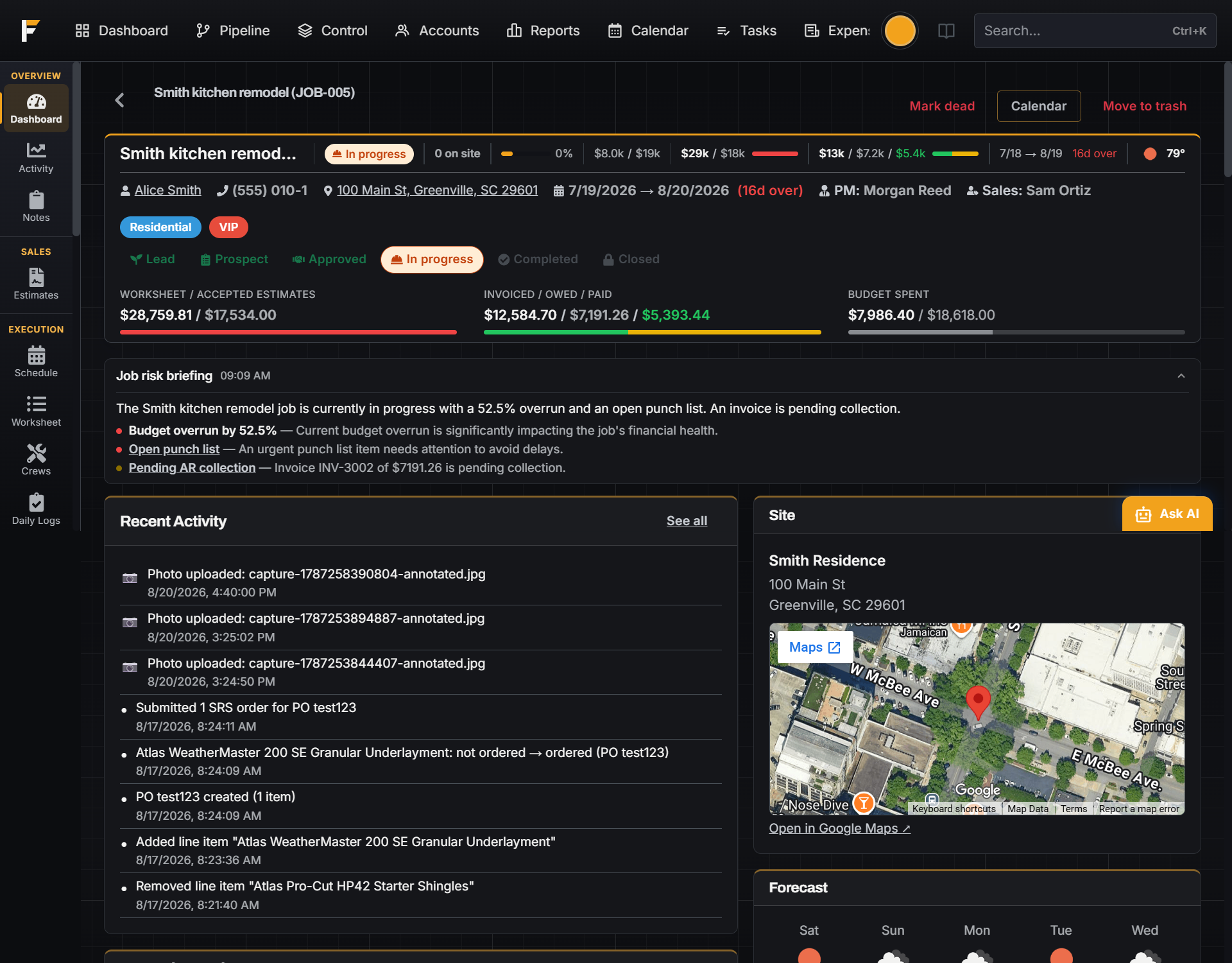 FloBuildr job dashboard with budget, invoicing, and the morning risk briefing on one job