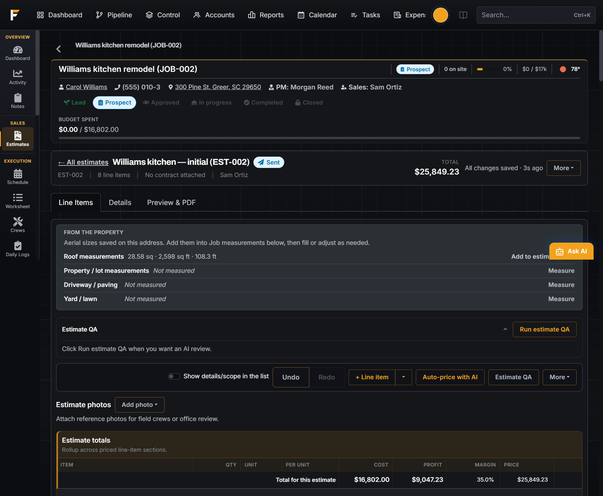 FloBuildr estimate with line items, roof measurements, margin, and totals