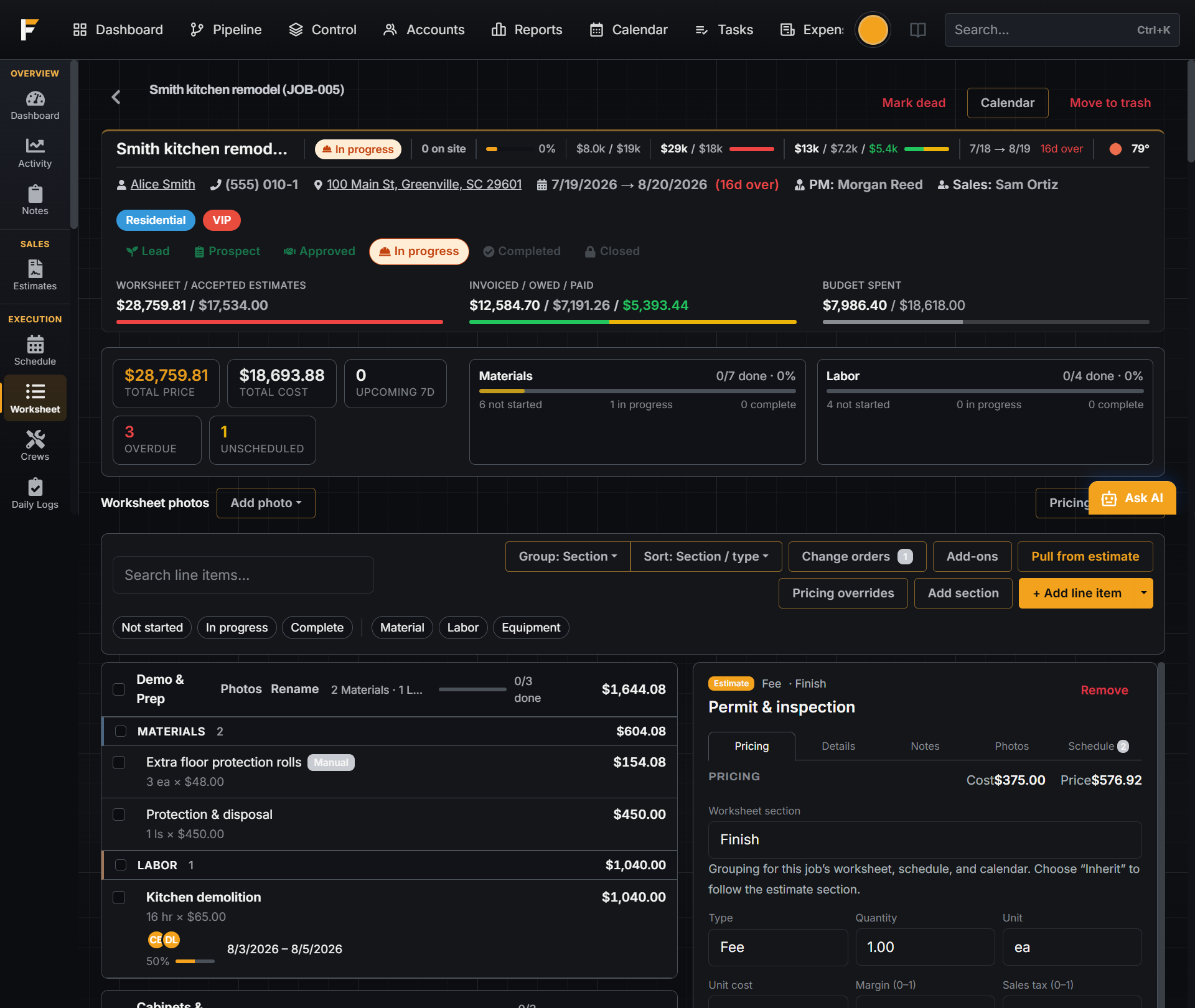 FloBuildr worksheet with material and labor lines, status, and live cost
